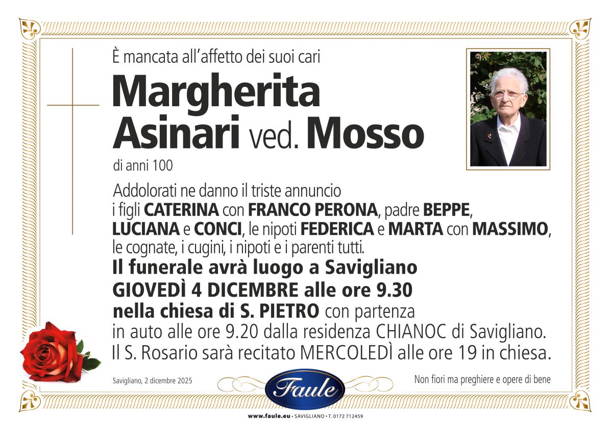 Lutto Margherita Asinari ved. Mosso Onoranze funebri Faule