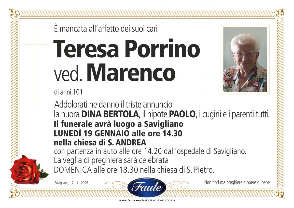 Lutto Teresa Porrino ved. Marenco Onoranze funebri Faule