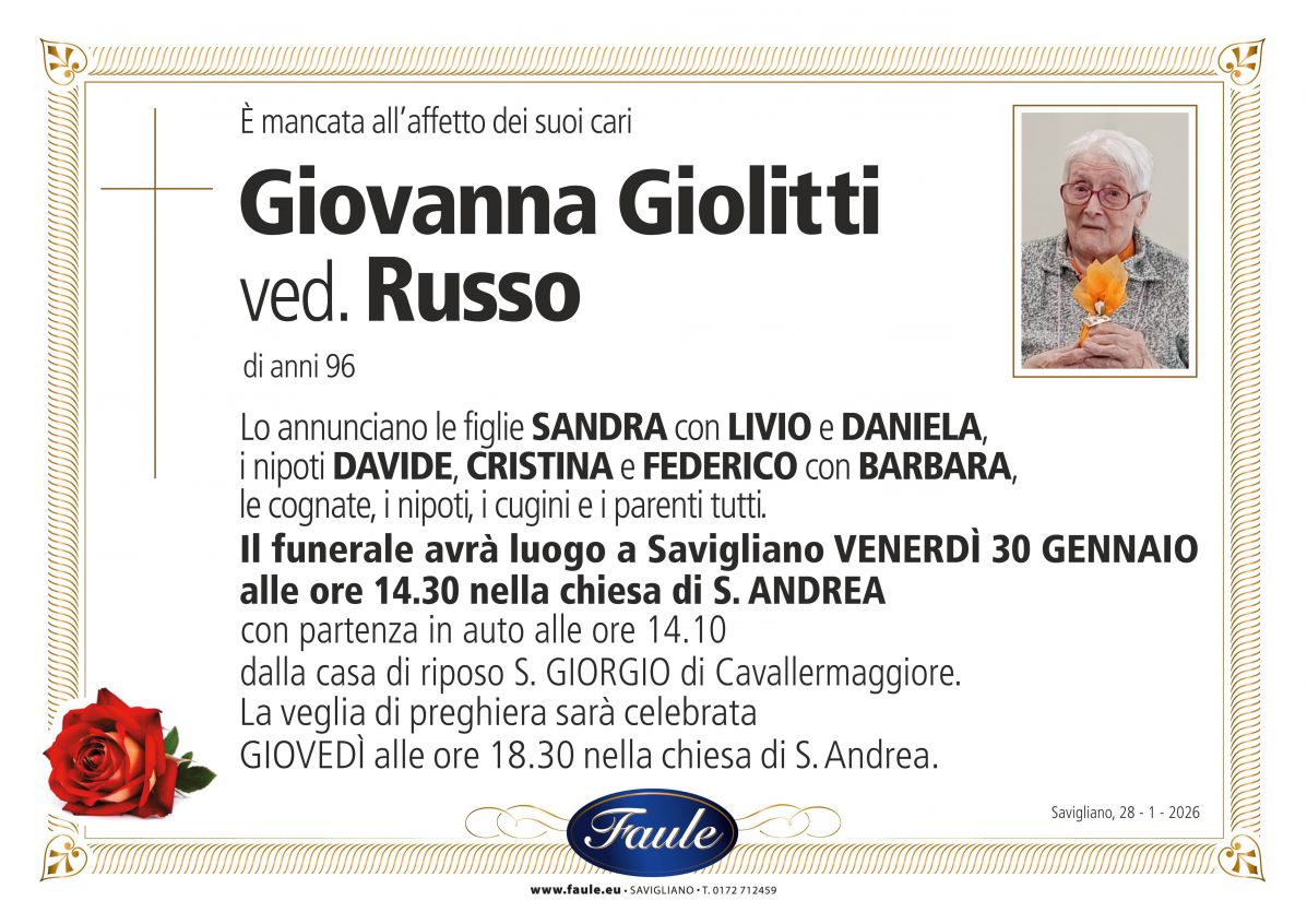 Lutto Giovanna Giolitti ved. Russo Onoranze funebri Faule