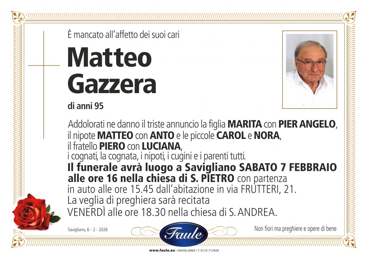 Lutto Matteo Gazzera Onoranze funebri Faule
