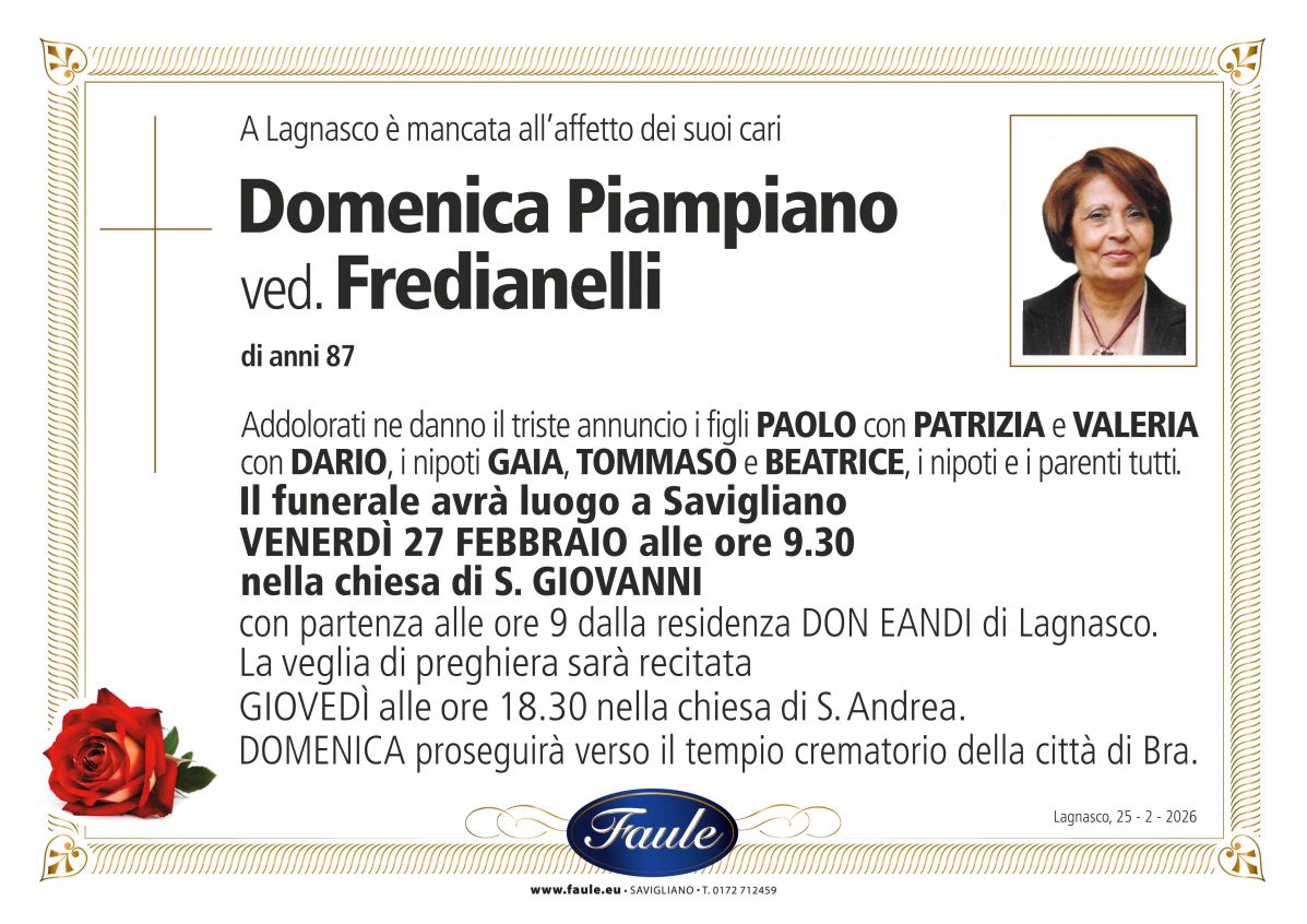 Lutto Piampiano Domenica ved. Fredianelli Onoranze funebri Faule