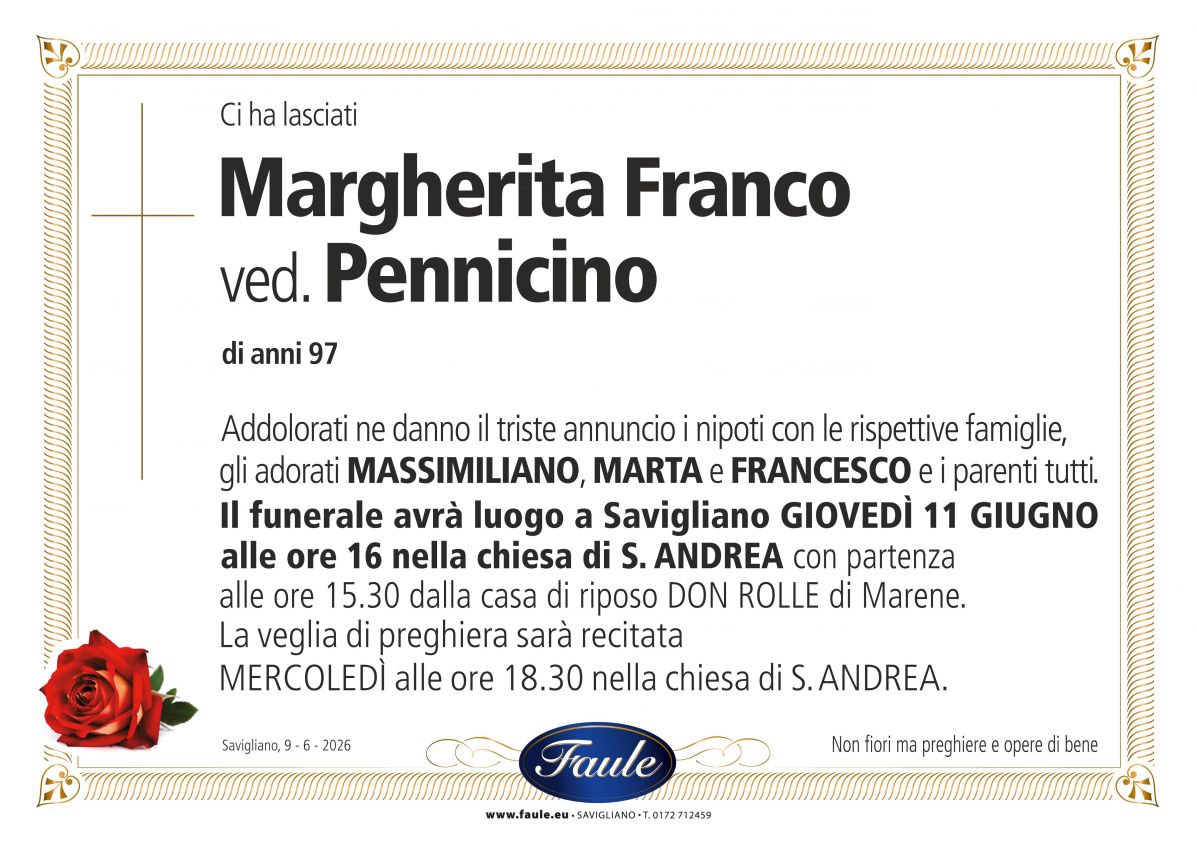 Lutto Margherita Franco ved. Pennicino Onoranze funebri Faule