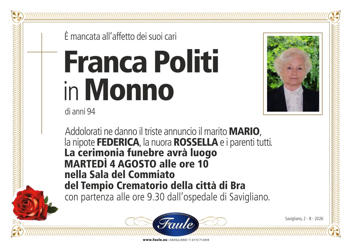Lutto Franca Politi in Monno Onoranze funebri Faule