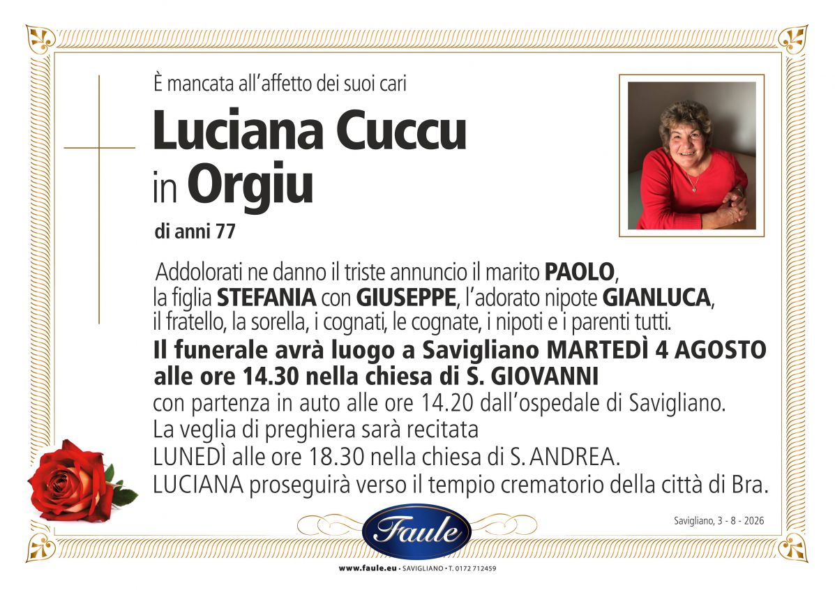 Lutto Luciana Cuccu in Orgiu Onoranze funebri Faule
