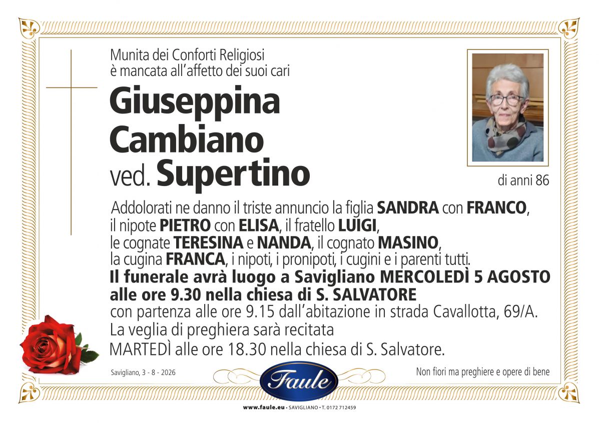 Lutto Giuseppina Cambiano ved. Supertino Onoranze funebri Faule
