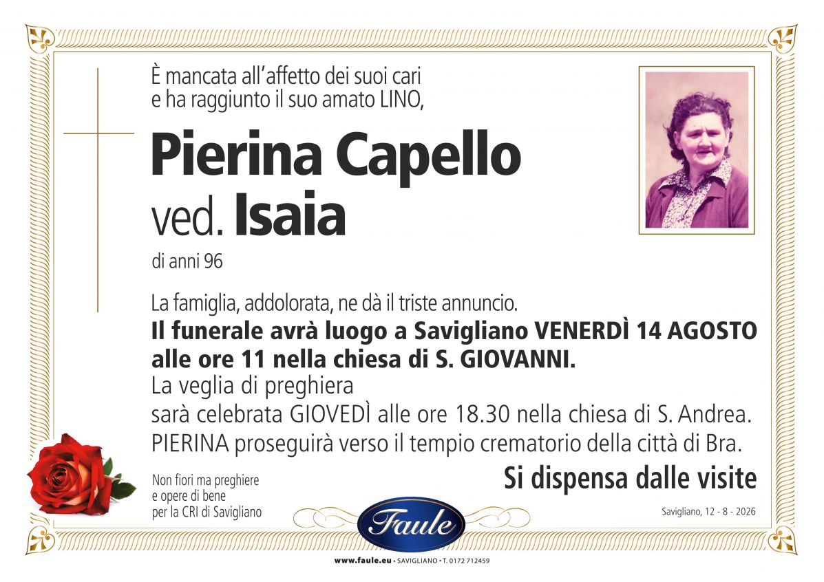 Lutto Pierina Capello ved. Isaia Onoranze funebri Faule