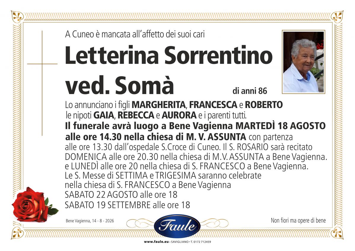 Lutto Letterina Sorrentino ved. Somà Onoranze funebri Faule