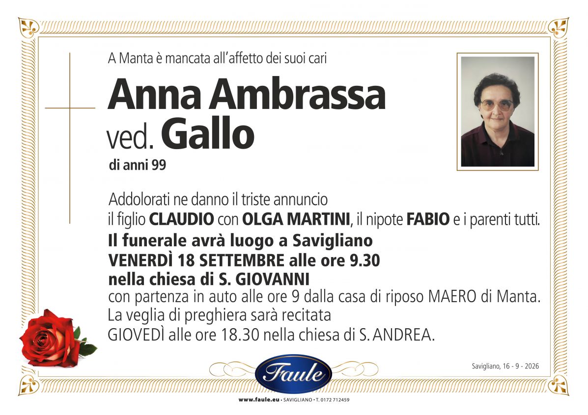 Lutto Anna Ambrassa ved. Gallo Onoranze funebri Faule