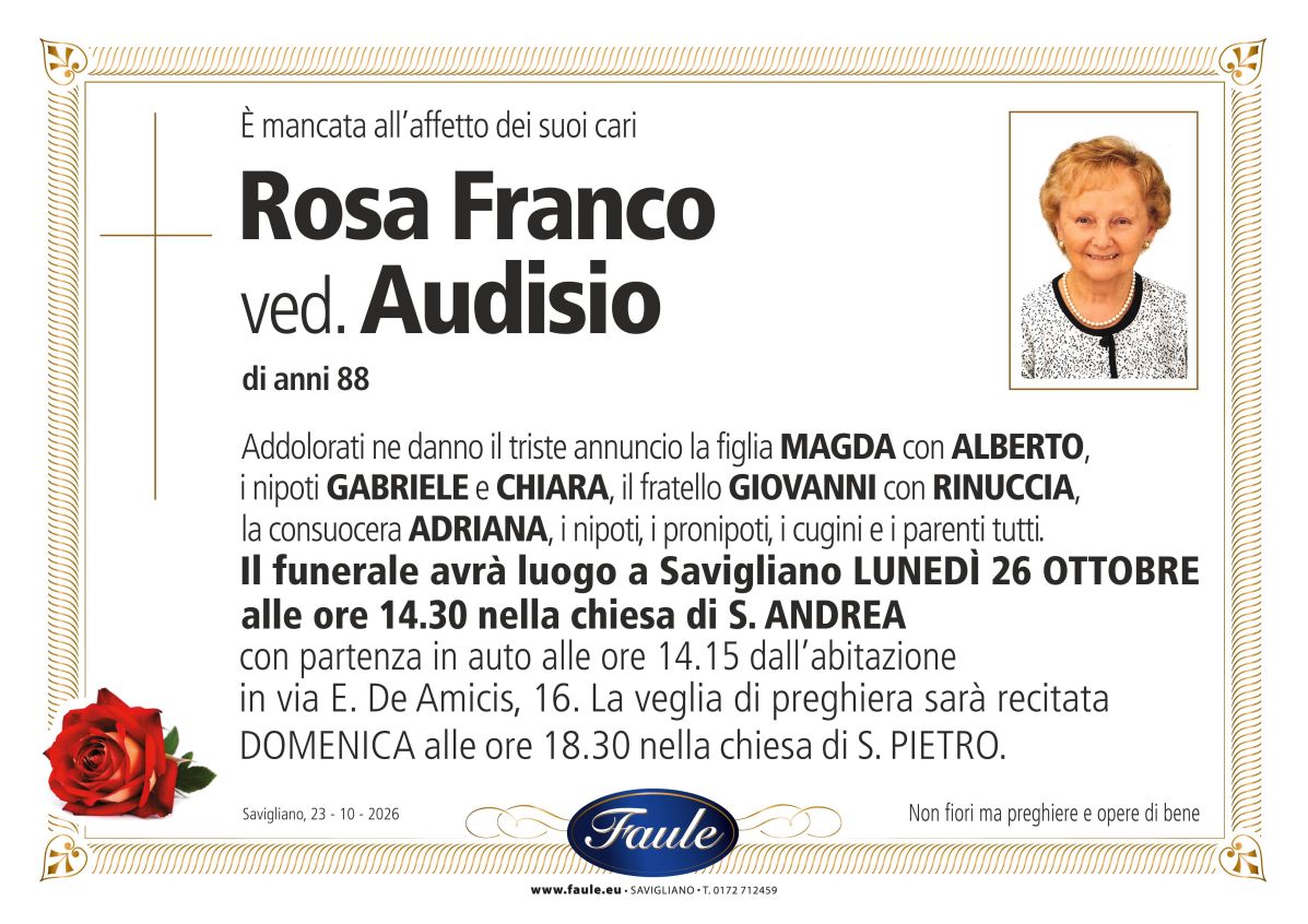 Lutto Rosa Franco ved. Audisio Onoranze funebri Faule