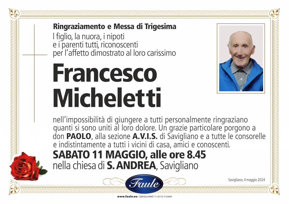 Trigesima Francesco Micheletti Onoranze funebri Faule