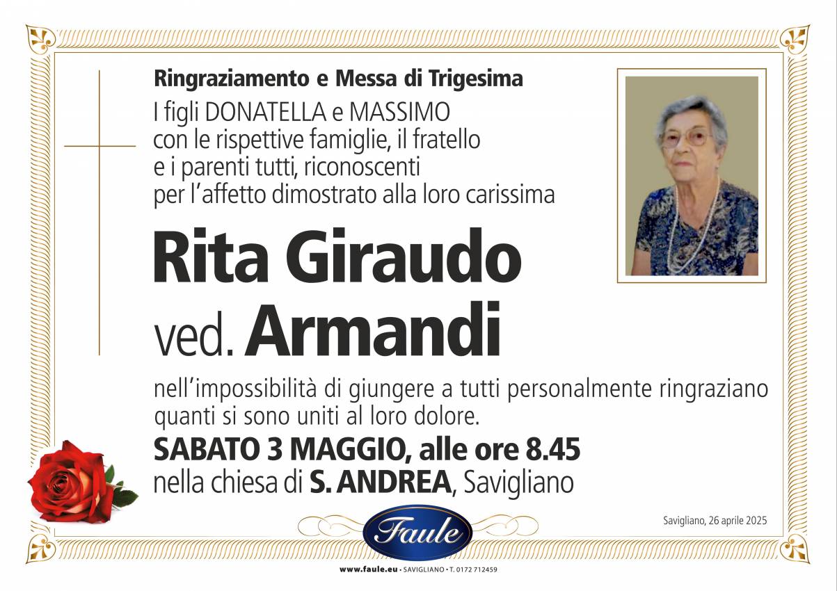 Trigesima Rita Giraudo ved. Armandi Onoranze funebri Faule