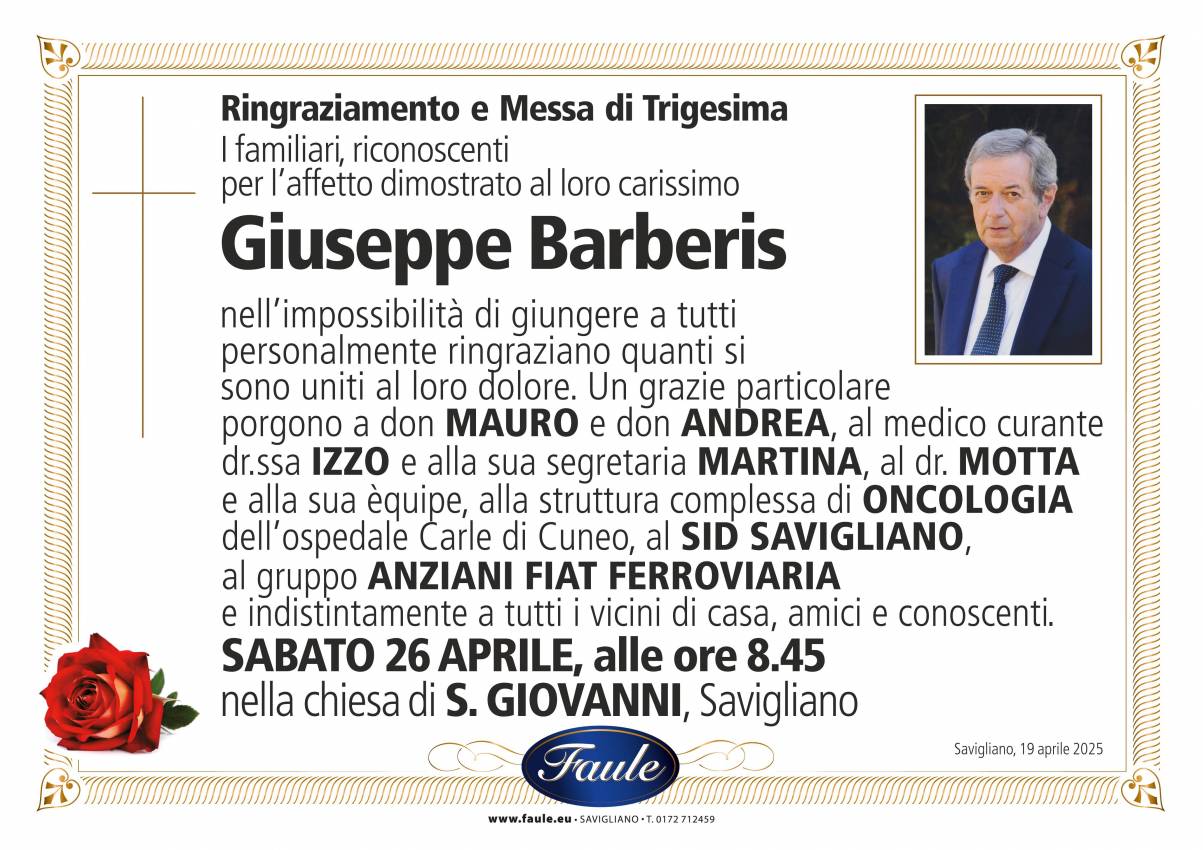 Trigesima Giuseppe Barberis Onoranze funebri Faule