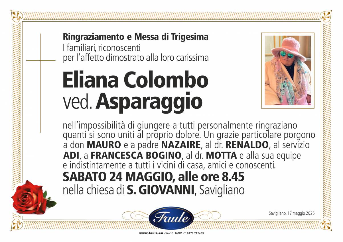 Trigesima Eliana Colombo ved. Asparaggio Onoranze funebri Faule
