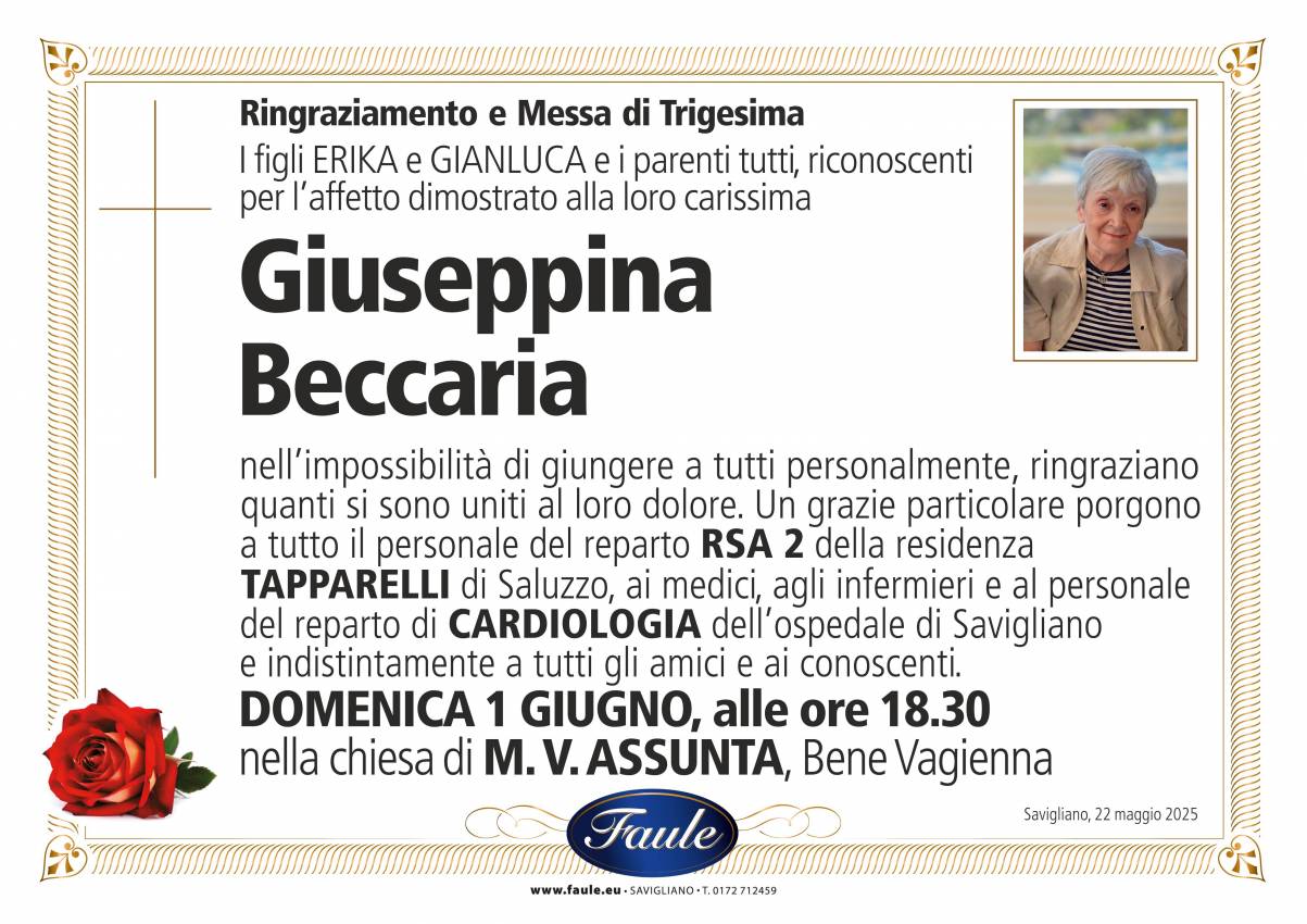 Trigesima Giuseppina Beccaria Onoranze funebri Faule
