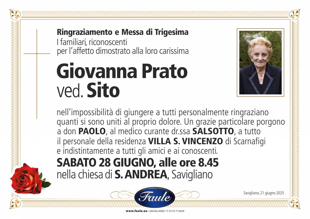 Trigesima Giovanna Prato ved. Sito Onoranze funebri Faule