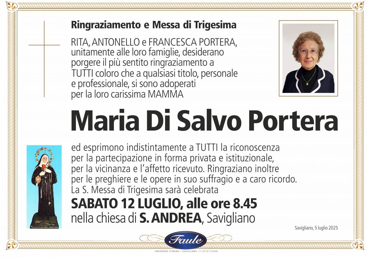 Trigesima Maria Di Salvo Portera Onoranze funebri Faule