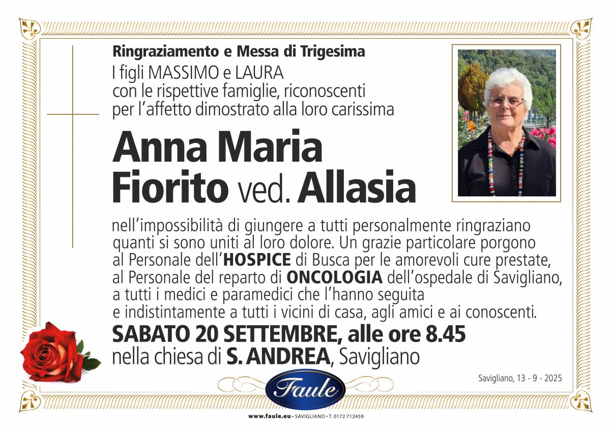 Trigesima Anna Maria Fiorito ved. Allasia Onoranze funebri Faule