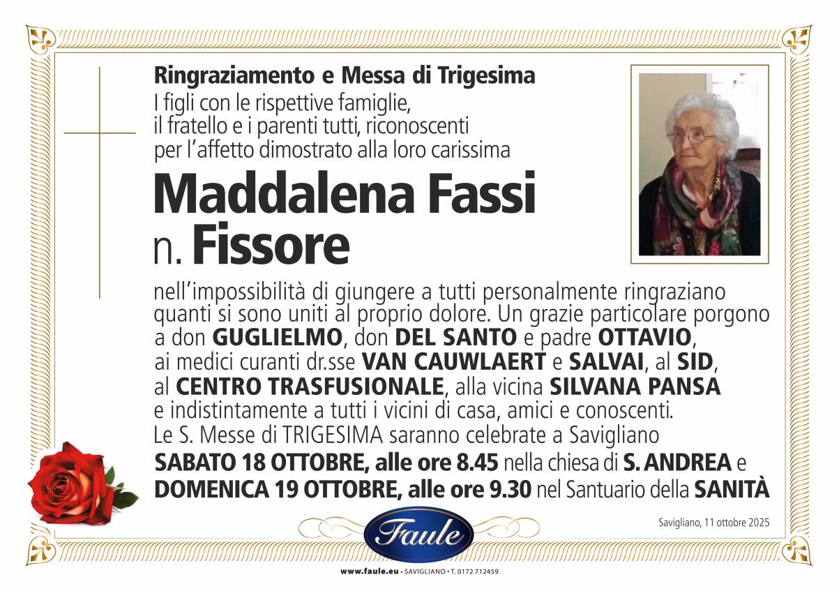 Trigesima Maddalena Fassi n. Fissore Onoranze funebri Faule
