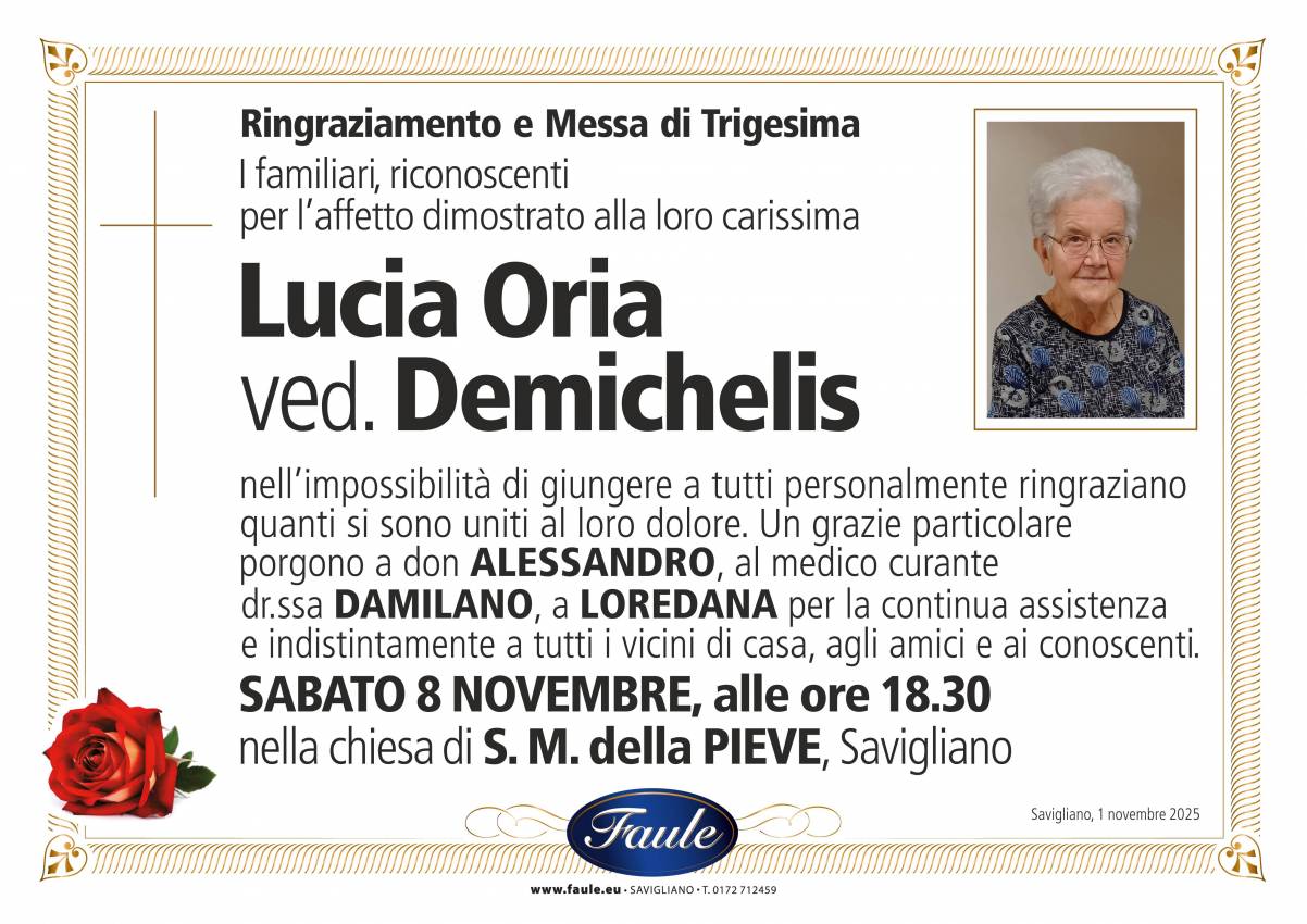 Trigesima Lucia Oria ved. Demichelis Onoranze funebri Faule