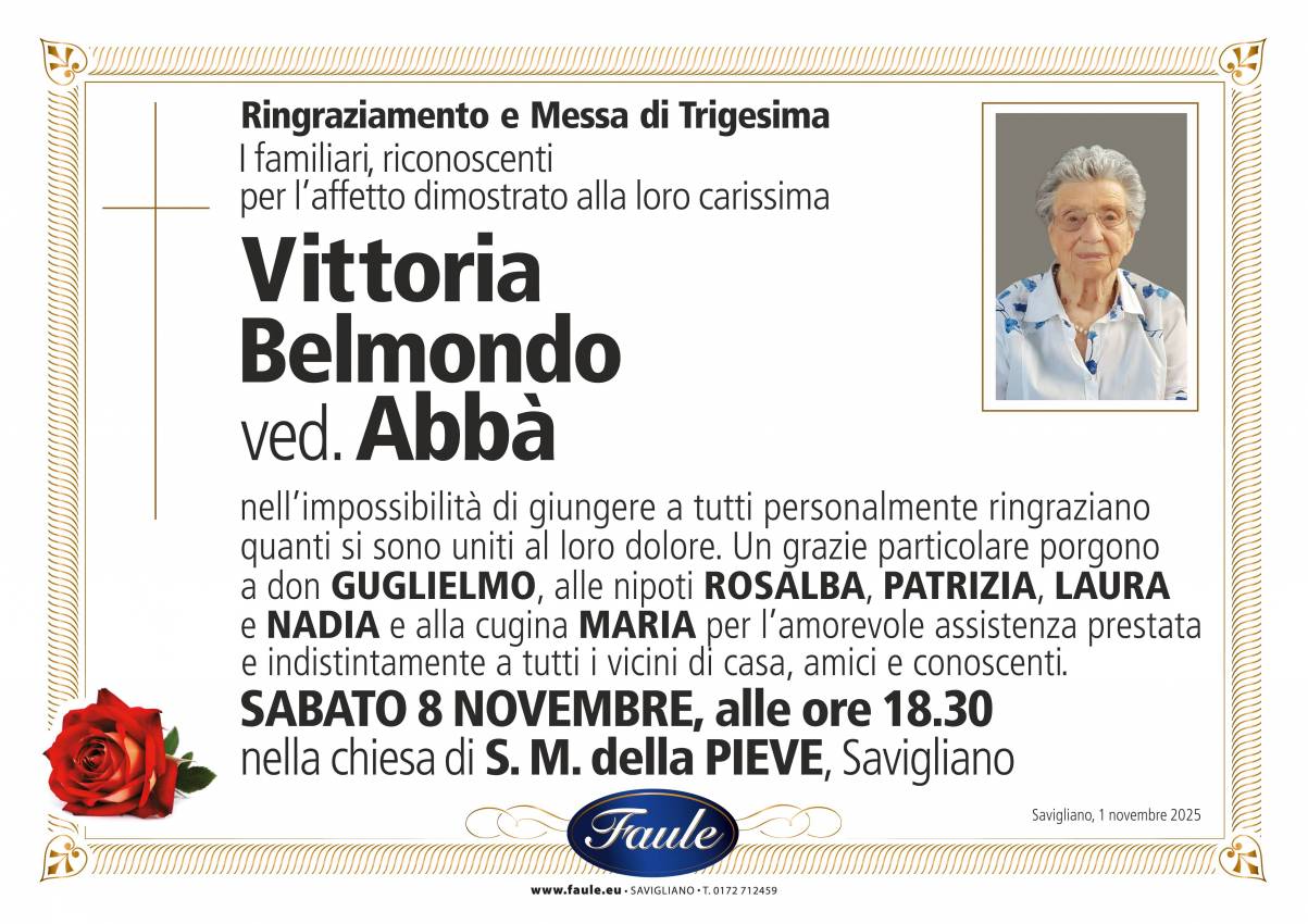 Trigesima Vittoria Belmondo ved. Abbà Onoranze funebri Faule