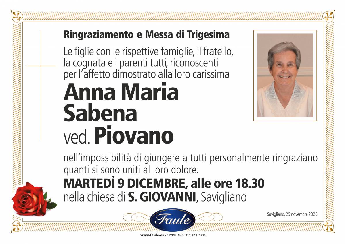 Trigesima Anna Maria Sabena ved. Piovano Onoranze funebri Faule
