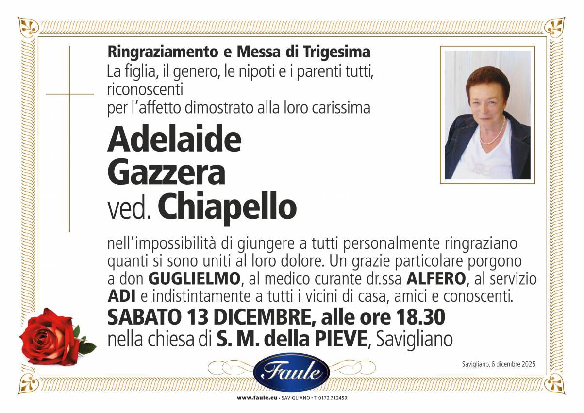 Trigesima Adelaide Gazzera ved. Chiapello Onoranze funebri Faule