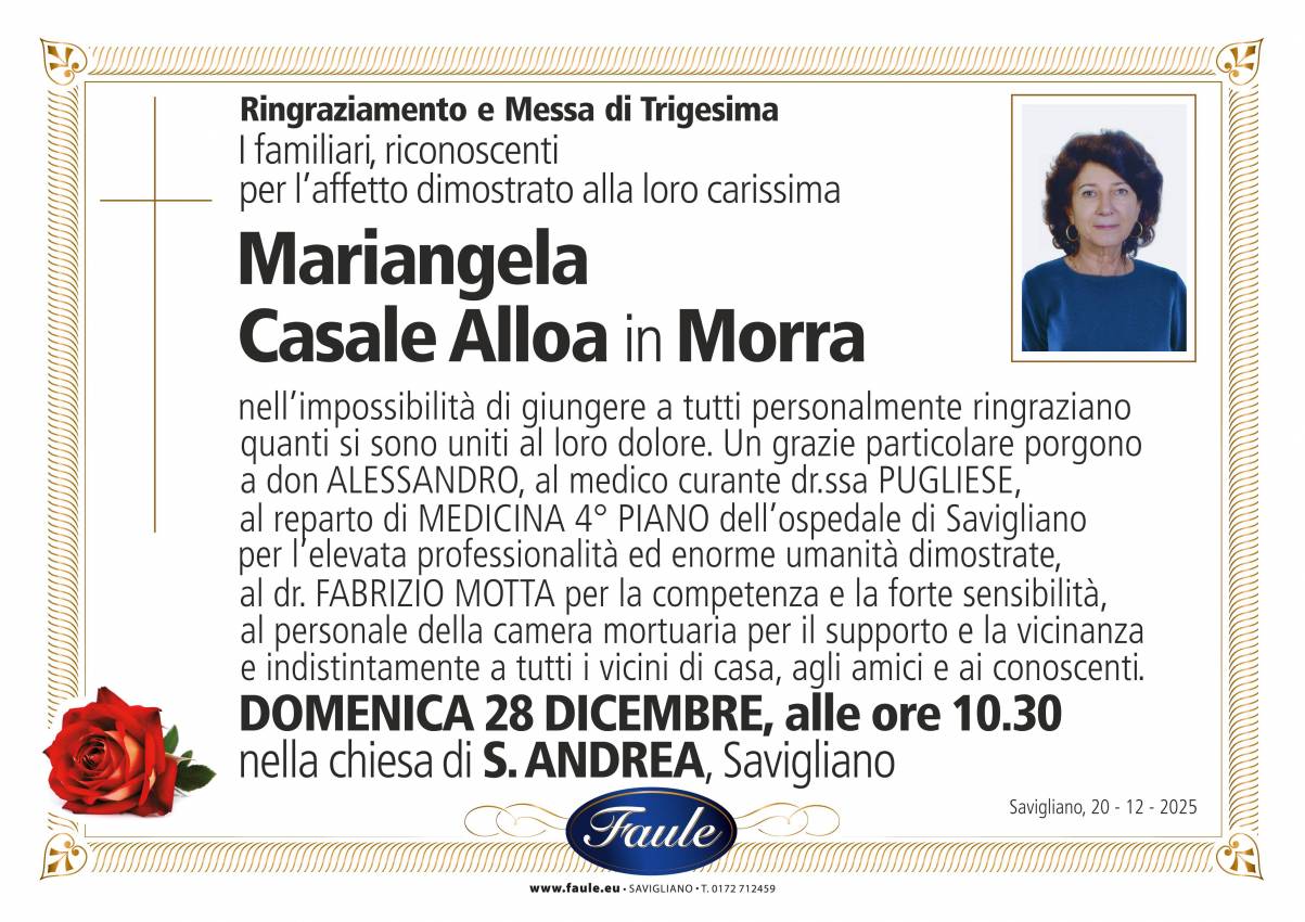 Trigesima Mariangela Casale Alloa in Morra Onoranze funebri Faule