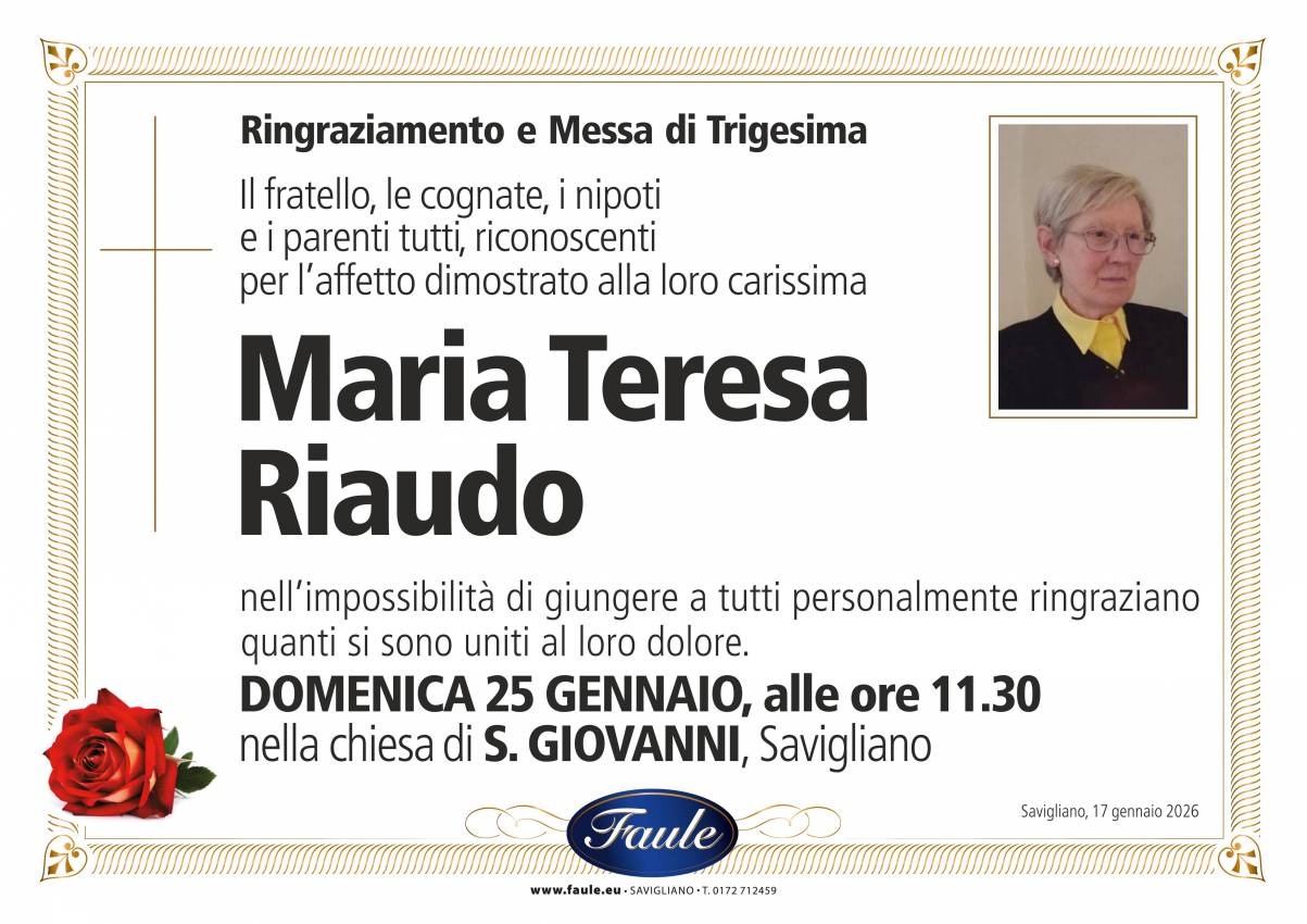 Trigesima Maria Teresa Riaudo Onoranze funebri Faule