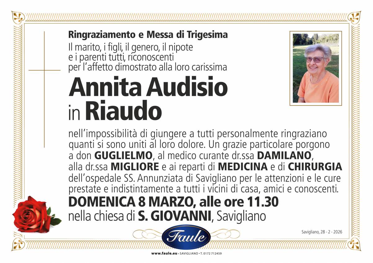 Trigesima Annita Audisio in Riaudo Onoranze funebri Faule