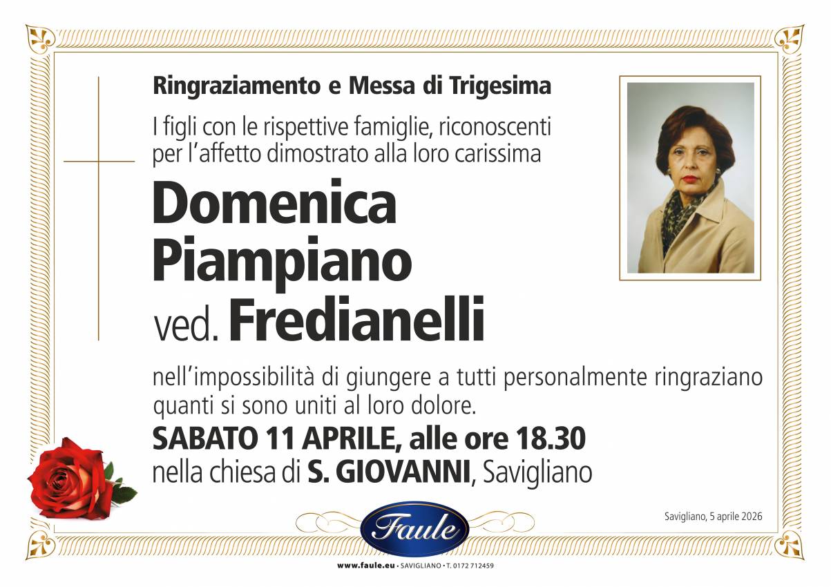 Trigesima Domenica Piampiano ved. Fredianelli Onoranze funebri Faule