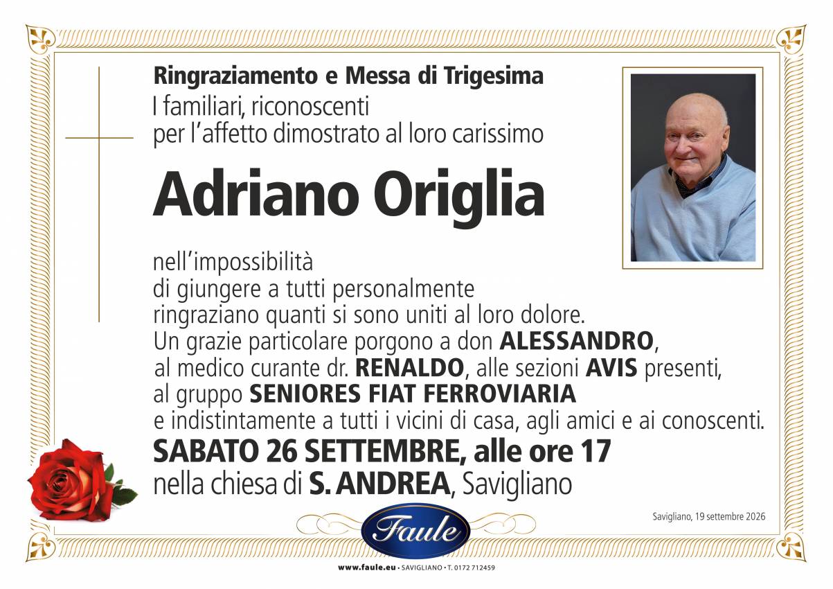 Trigesima Adriano Origlia Onoranze funebri Faule